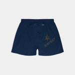 Navy blue shorts with a logo on a light gray background