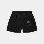 Black shorts with a logo on a light gray background