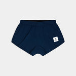 Navy blue shorts with a white logo on a light gray background