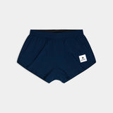 Navy blue shorts with a white logo on a light gray background
