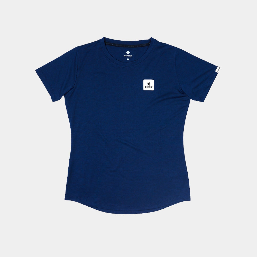 Navy blue t-shirt with a small white logo on a light gray background