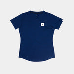 Navy blue t-shirt with a small white logo on a light gray background