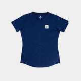 Navy blue t-shirt with a small white logo on a light gray background