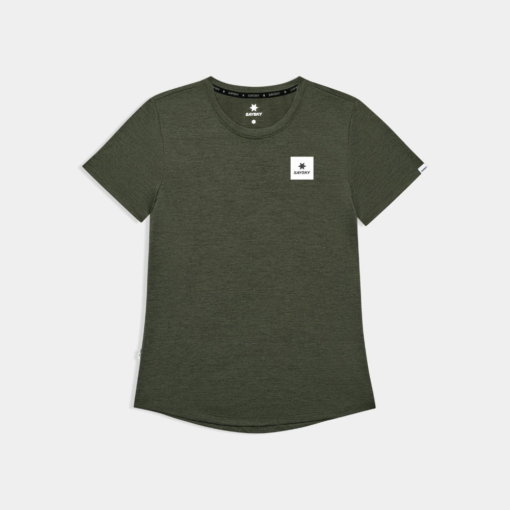 Green t-shirt with a small logo on a light gray background