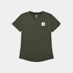 Green t-shirt with a small logo on a light gray background