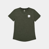 Green t-shirt with a small logo on a light gray background