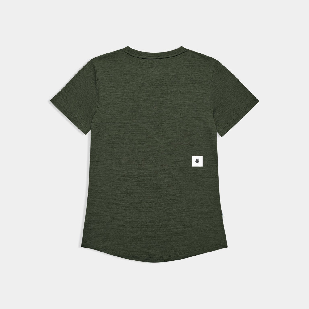 Green t-shirt with a small white logo on the back against a light gray background