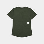 Green t-shirt with a small white logo on the back against a light gray background