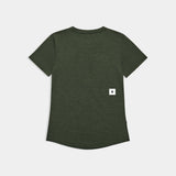 Green t-shirt with a small white logo on the back against a light gray background