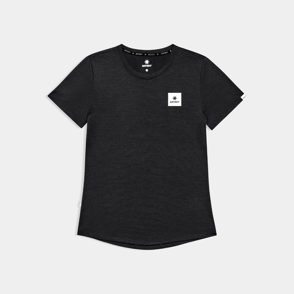 Black t-shirt with a small white logo on a light gray background