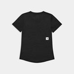 Black t-shirt with a small white logo on the back against a light gray background