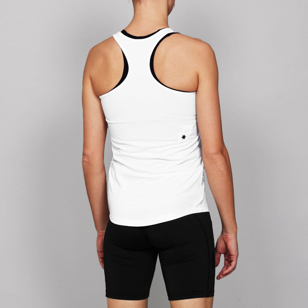 Person wearing a white tank top with black trim and black shorts on a gray background