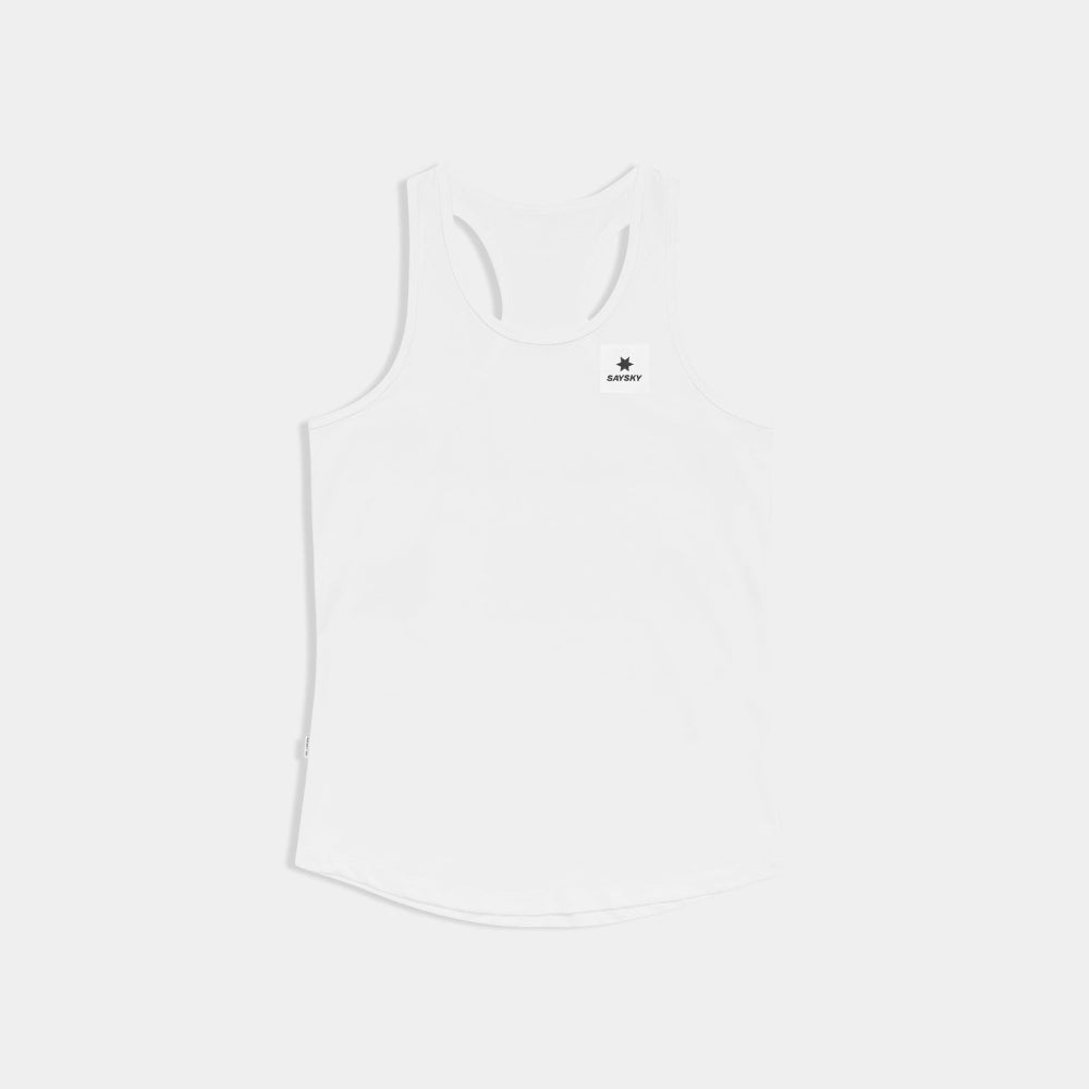 White tank top with a small logo on a white background