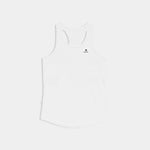 White tank top with a small logo on a white background