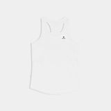 White tank top with a small logo on a white background