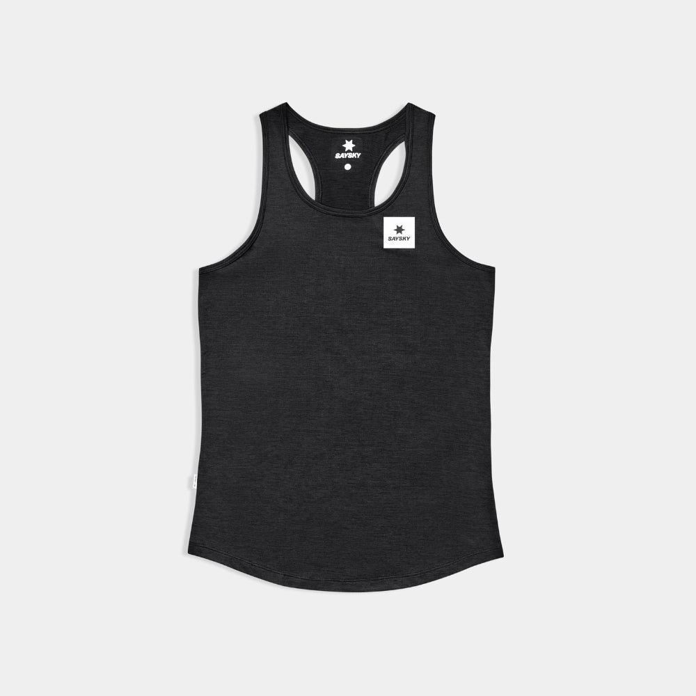 Black tank top with a brand logo on a light gray background