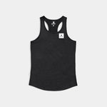 Black tank top with a brand logo on a light gray background