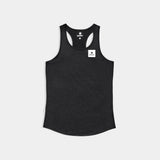 Black tank top with a brand logo on a light gray background