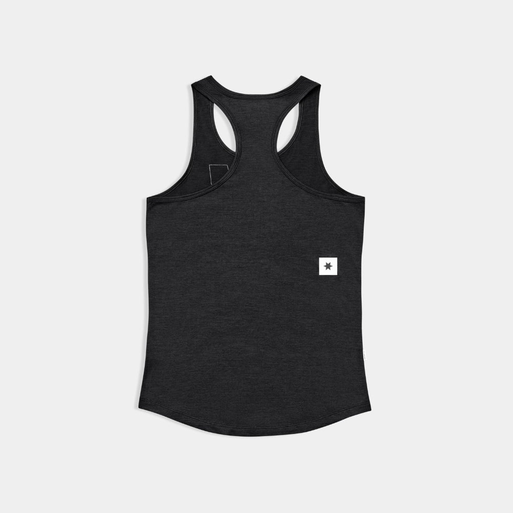 Black tank top with a small white logo on a light gray background