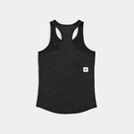 Black tank top with a small white logo on a light gray background