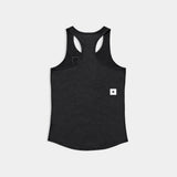 Black tank top with a small white logo on a light gray background